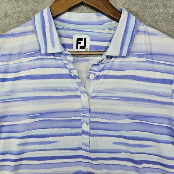 FootJoy Women's Golf Shirt Polo Large Blue Striped Performance Short Sleeve - Picture 2 of 5